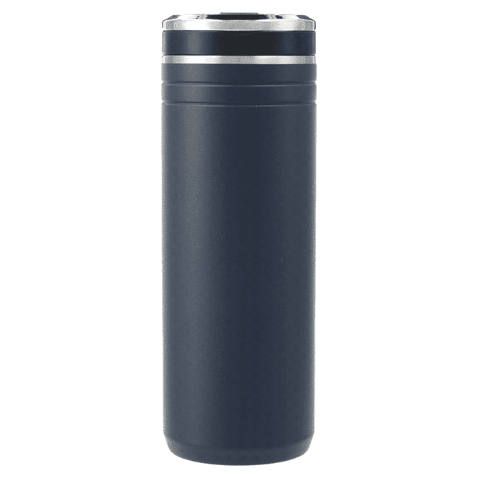 A drink bottle in navy blue, featuring a sleek design and a silver band, with a removable straw top.