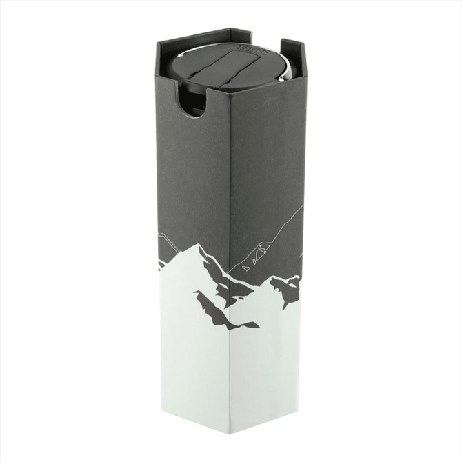 A drink bottle in a grey and white box featuring a mountain design, with a circular lid visible at the top.