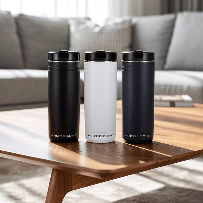 A drink bottle trio featuring black, white, and navy options, with a sleek design and a logo on each.
