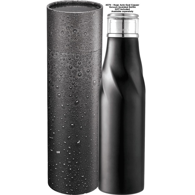 A drink bottle with a silver lid is displayed alongside a black, speckled tube gift box.