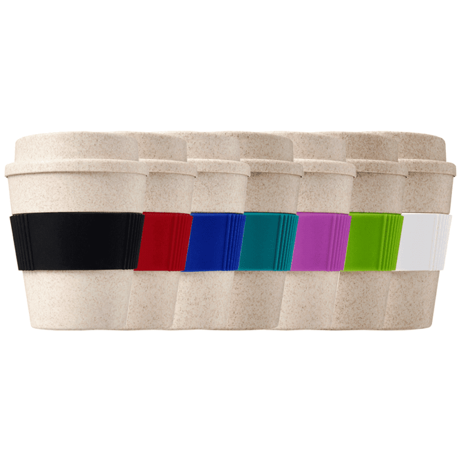 A drink bottle featuring a bamboo mix design with a variety of coloured silicone bands, arranged in a row.