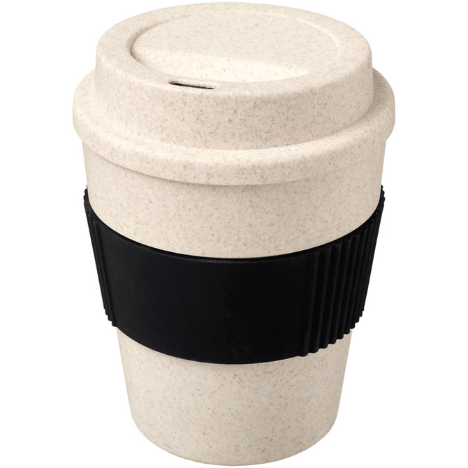 A drink bottle featuring a cream-coloured bamboo mix cup with a black silicone band. It has a removable lid and a logo.