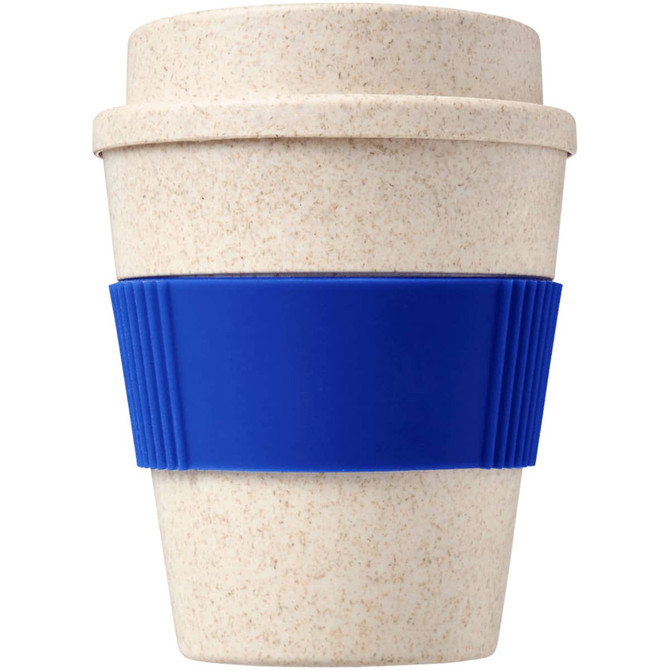 A drink bottle with a speckled beige body and a blue silicone grip, designed as a reusable coffee cup.