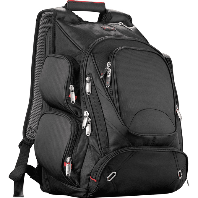 A black, checkpoint-friendly backpack with multiple zippered pockets and a mesh side pocket. Features a logo.