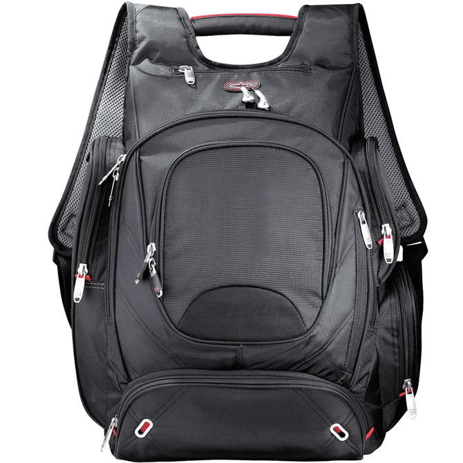 A black backpack with multiple zippered pockets, featuring padded straps and a structured design, ideal for carrying laptops and accessories.