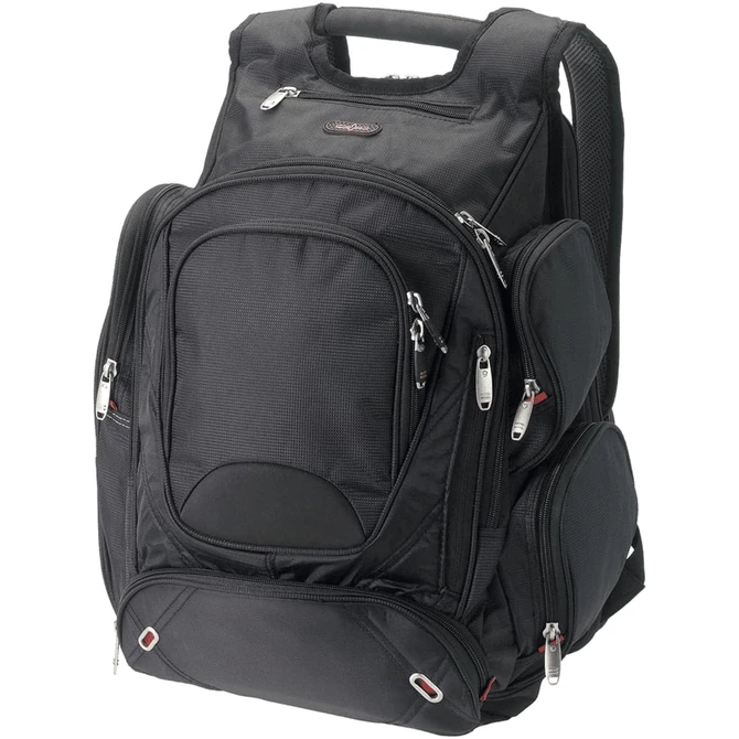 A black checkpoint-friendly backpack with multiple compartments and zippers, featuring a logo.