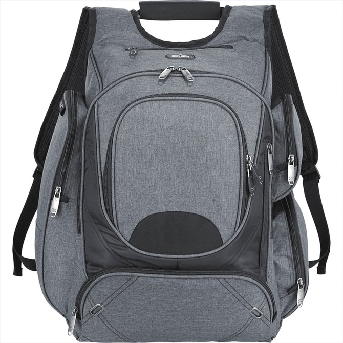 A grey, checkpoint-friendly compu-backpack with multiple zippered pockets and mesh side compartments. It has a logo.