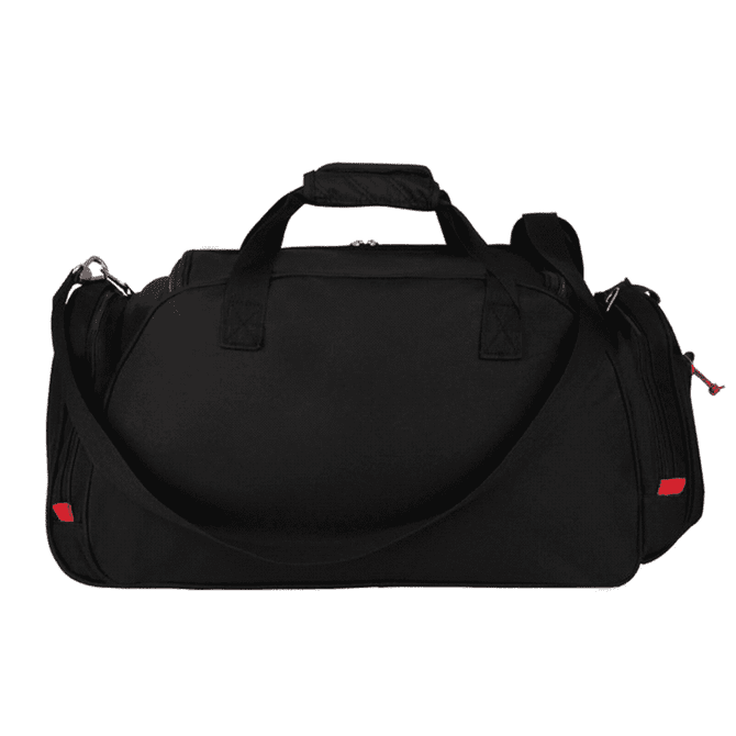 A black duffel bag with a shoulder strap, featuring multiple compartments and a logo.
