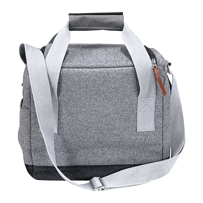 A grey cooler bag with a shoulder strap and handles, featuring a zip closure and side pockets.