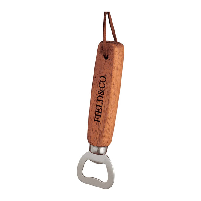 A bottle opener with a wooden handle and metal end, featuring branding on the handle.