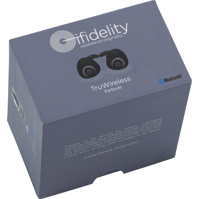 A navy blue box containing True Wireless Bluetooth Earbuds with a logo and graphic design on the front.