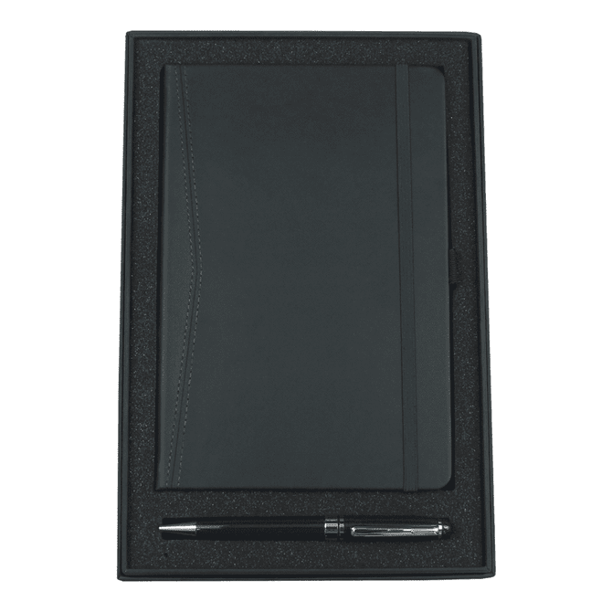 A black gift set featuring a pocket journal and a twist ballpoint pen, packaged in a stylish box with a logo.