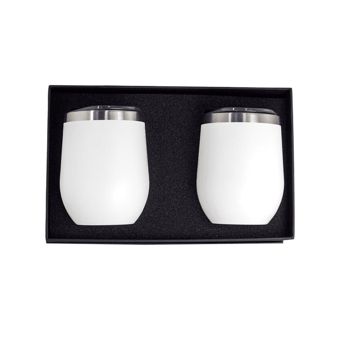 A drinkware gift set featuring two white insulated cups in a black box with cushioning.