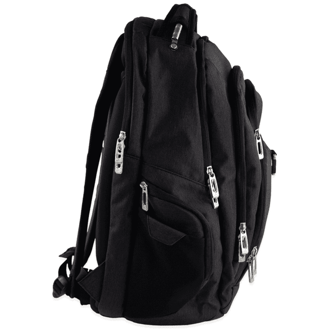 A black laptop backpack with multiple zippered compartments and a branding logo.