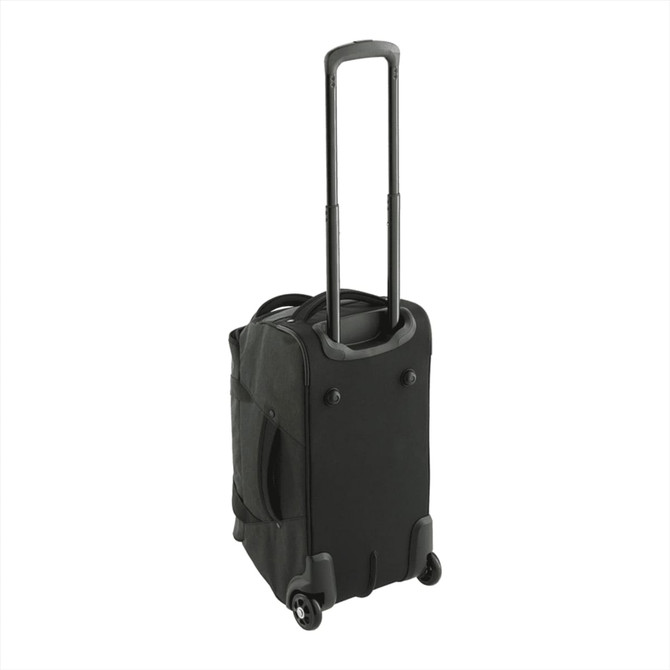 A black wheeled duffel bag with a retractable handle and wheels, featuring side pockets and a logo.