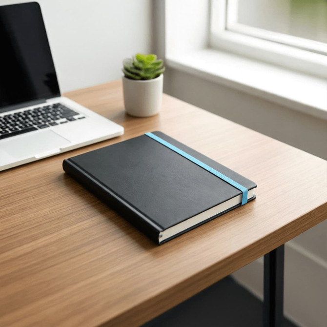 A black journal with a blue elastic band sits on a wooden desk beside a laptop and a small succulent plant.