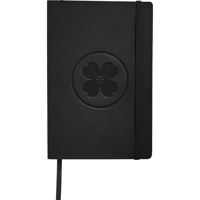 A black soft bound journal with an embossed floral design and an elastic closure. It includes a ribbon bookmark.