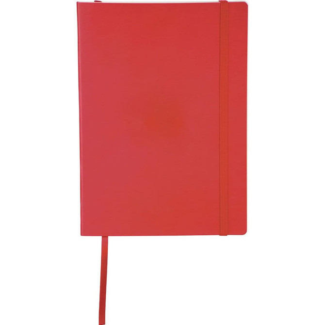 A large red bound journal with a soft cover and an elastic band closure, featuring a ribbon bookmark.