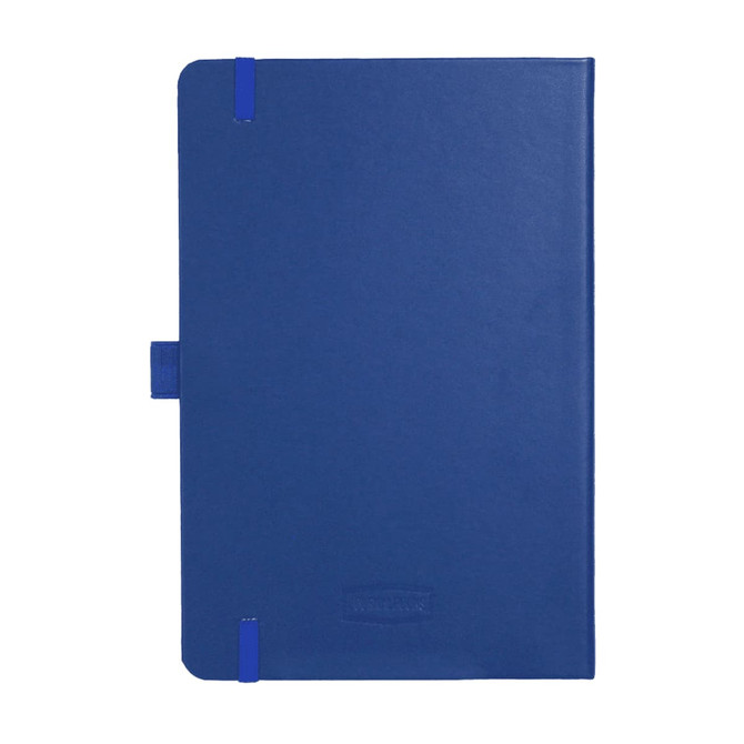 A blue journal with a smooth cover and elastic closure, featuring branding on the front.