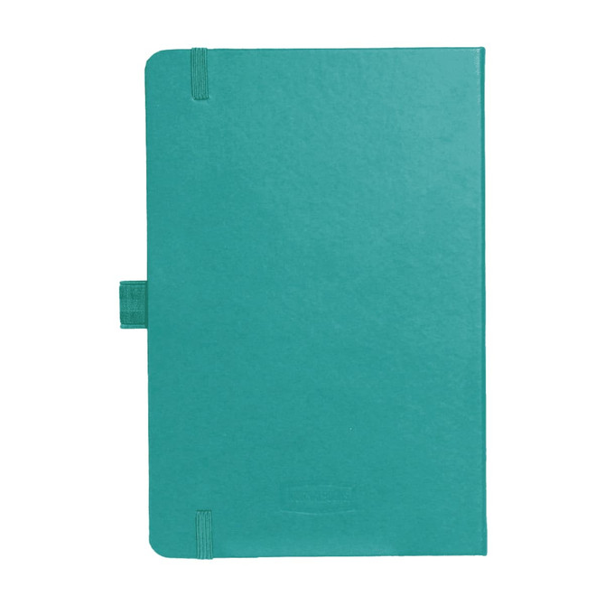 A teal journal with a soft cover, featuring an elastic closure and branding.