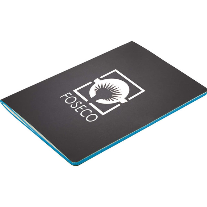 A black journal with a blue spine, featuring a logo on the cover. Suitable for office and business use.