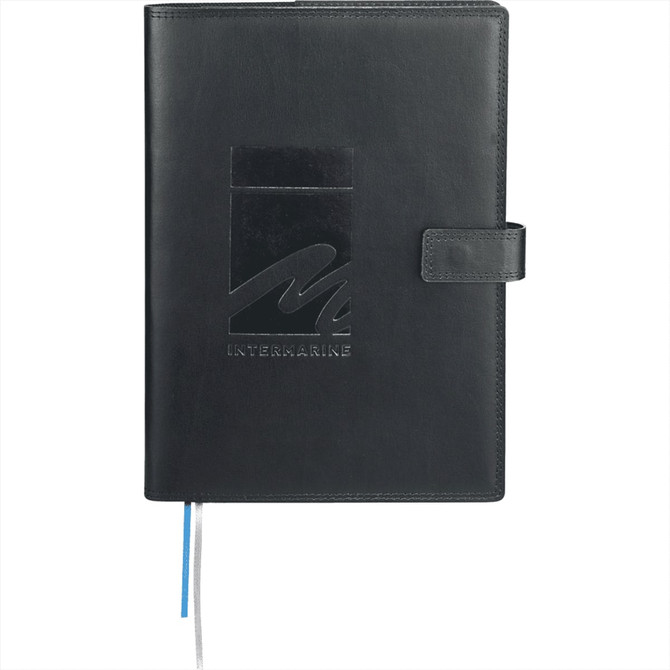 A black leather journal with a strap closure and a logo on the front cover. It features a ribbon bookmark.