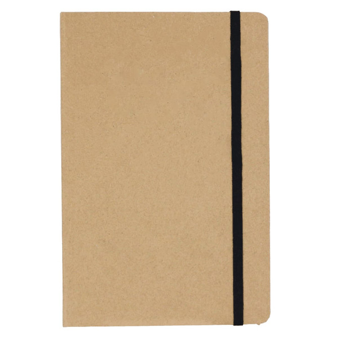 A plain brown journal with a black elastic band closure, featuring a simple design and soft cover.