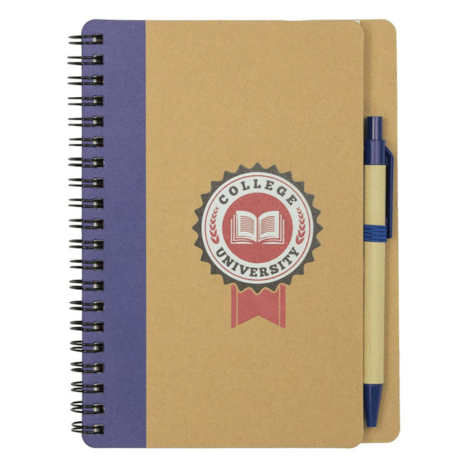 A brown spiral notebook with a navy cover and a ballpoint pen attached. Features a logo on the front.