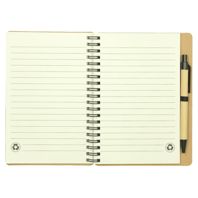 A spiral-bound notebook with blank lined pages in a beige cover, accompanied by a black ballpoint pen.