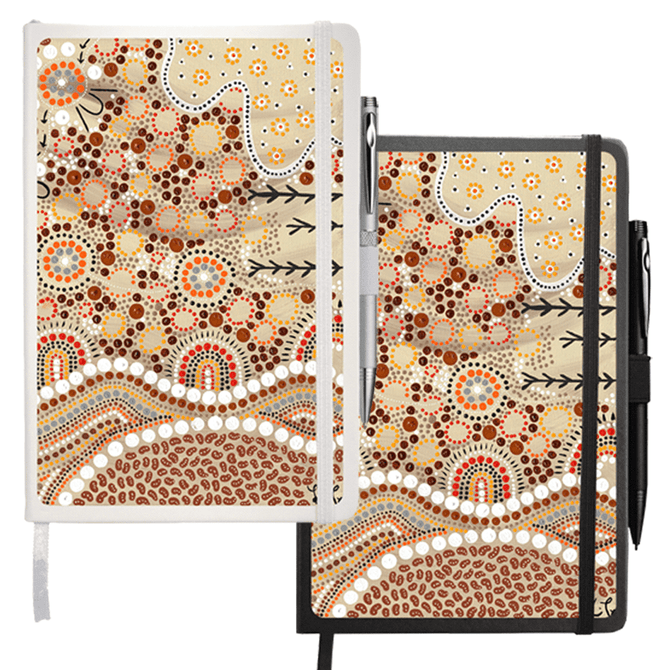 A journal featuring a colourful Indigenous-inspired design, available in white and black covers, with blank pages.