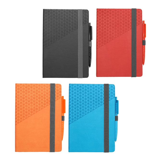 A notebook and pen set featuring a geometric design, available in black, red, orange, and blue. Each includes a matching pen.