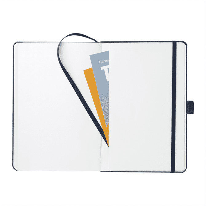 A dark blue A5 notebook with an elastic band, featuring a blank interior and an inner pocket for inserts.