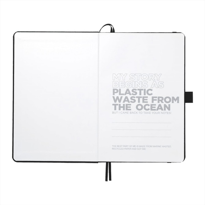 A black journal featuring recycled materials, with blank pages and a logo on the cover.