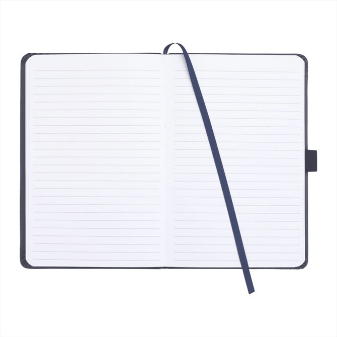 A pineapple leather-bound journal with lined pages and a ribbon bookmark, featuring a navy cover.