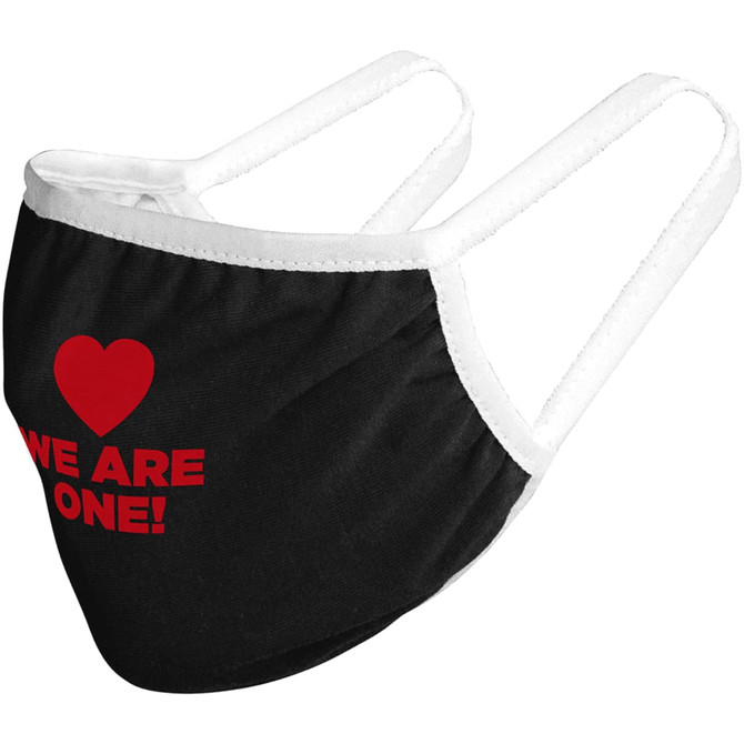 A black face mask with white straps featuring a red heart and text. It has a logo on one side.