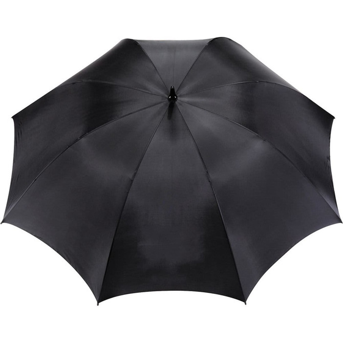 A black golf umbrella with a sturdy design and centre handle, featuring a logo on the underside.
