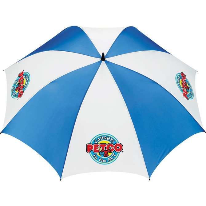 A large golf umbrella featuring a blue and white striped design and a logo on its panels.