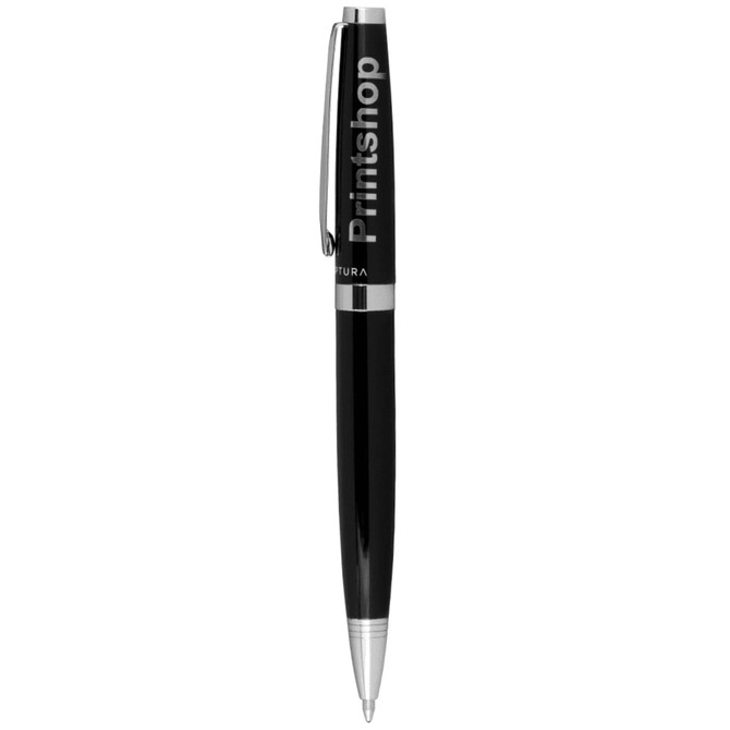 A black pen with a silver clip, featuring a branding logo on the barrel.