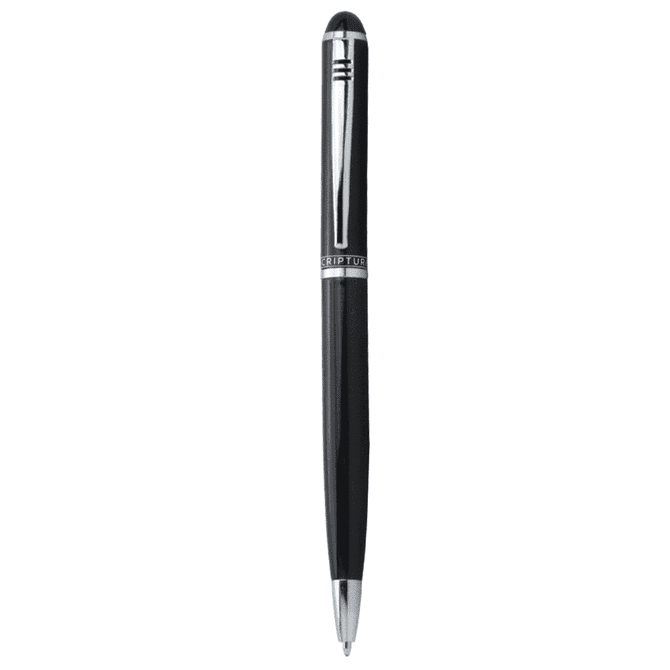 A sleek black metal ballpoint pen with a silver clip and branding.