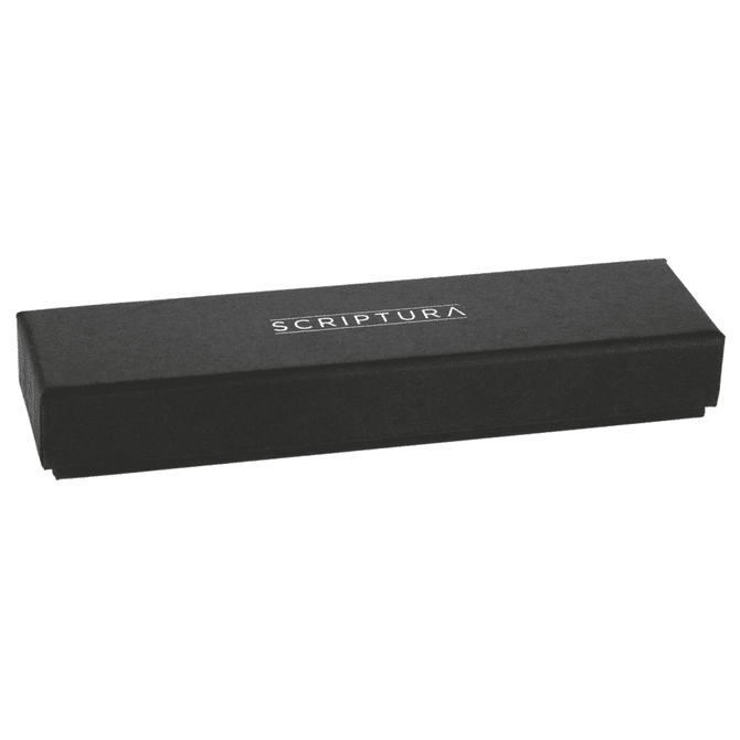 A black gift box for the Scriptura pen, featuring a sleek design and a branding logo on the top.