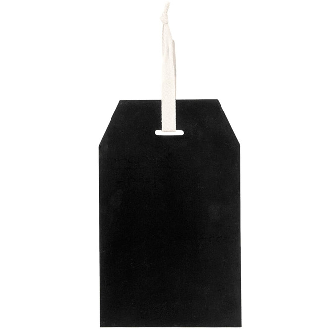 A black slate-style tag with a white hanging string, featuring a simple, flat design and a textured surface.