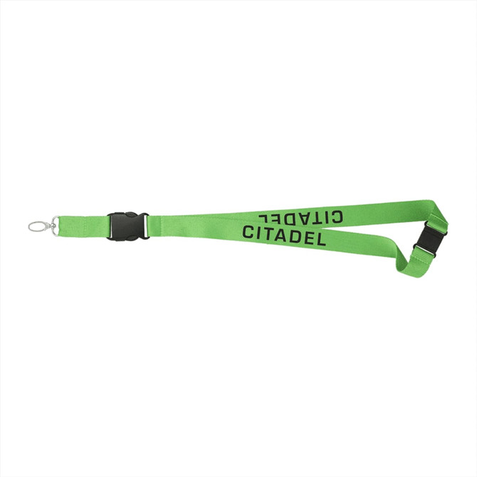 A green lanyard with a clip, featuring the word "CITADEL" printed on it, with a plastic buckle for adjustment.