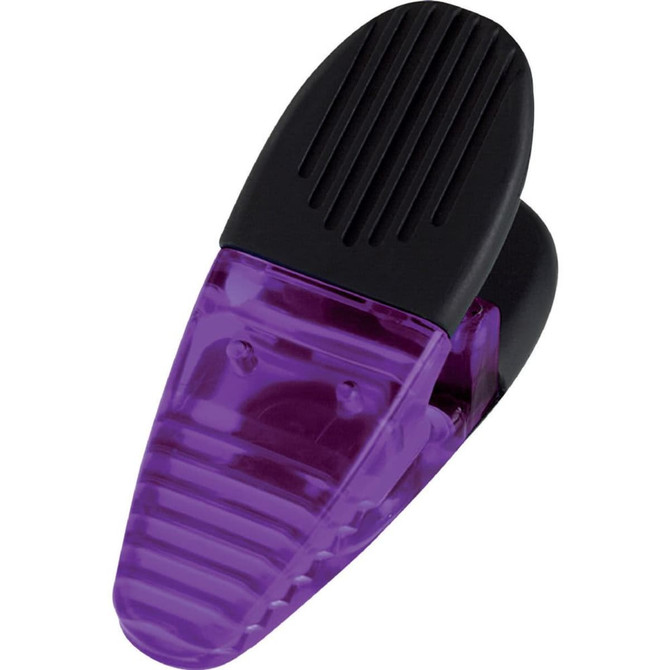 A purple magnetic memo holder clip with a black top, designed for organizing papers or notes.
