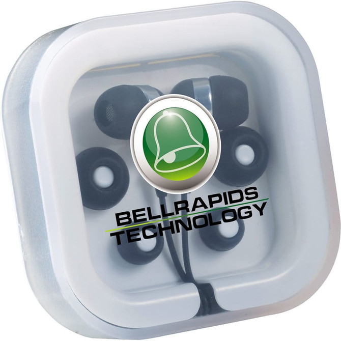 Colour Pop Earbuds in a clear case, featuring multiple ear tips and a branding logo. The earbuds are black.