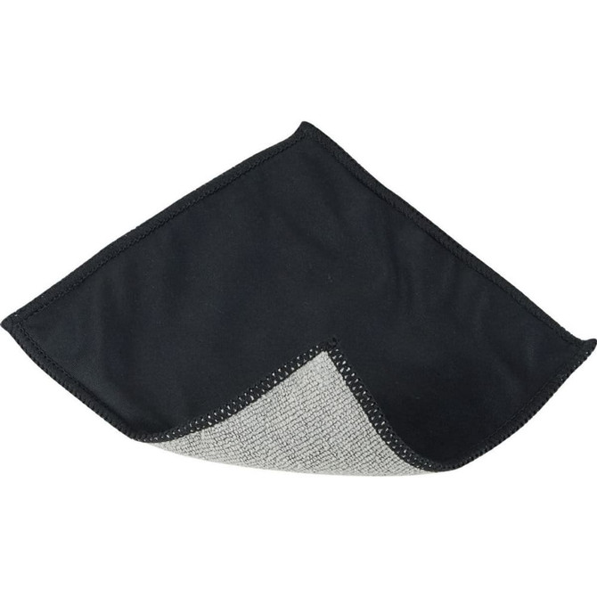 A Tech Screen Cleaning Cloth featuring a grey and black design with a stitched edge. It has a logo on one side.