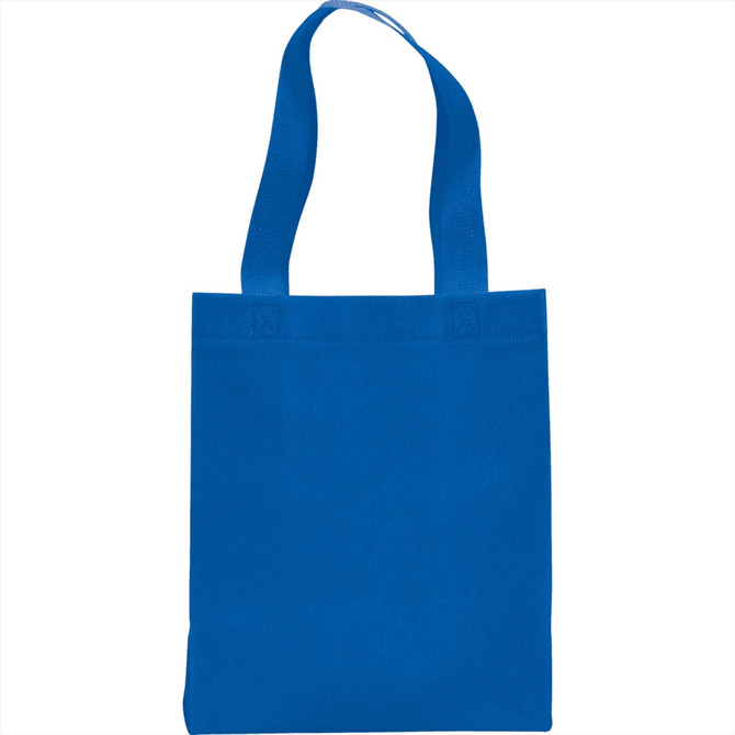 A bright blue non-woven tote bag with two handles and a branding logo.