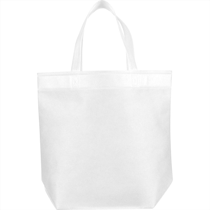 A white reusable grocery tote bag with two handles and a simple design. It features a branding logo.