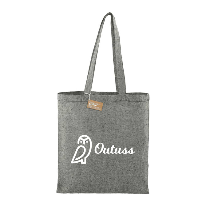A grey cotton twill tote bag with two handles and a logo on one side.