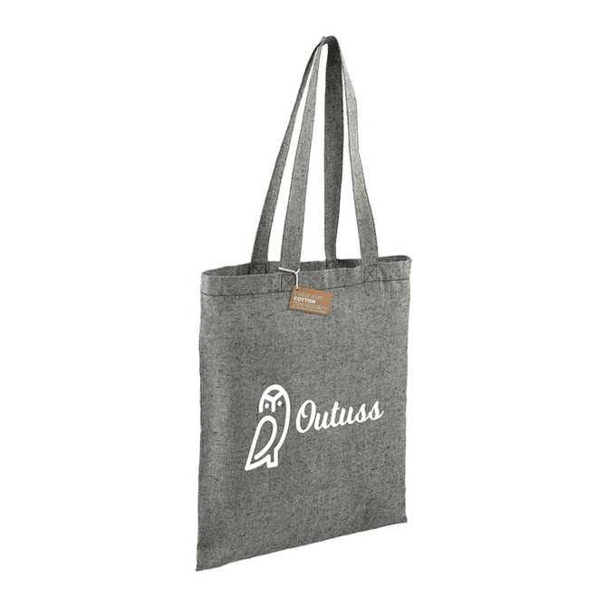 A grey recycled cotton twill tote bag with a design and a logo. Features two sturdy shoulder straps.