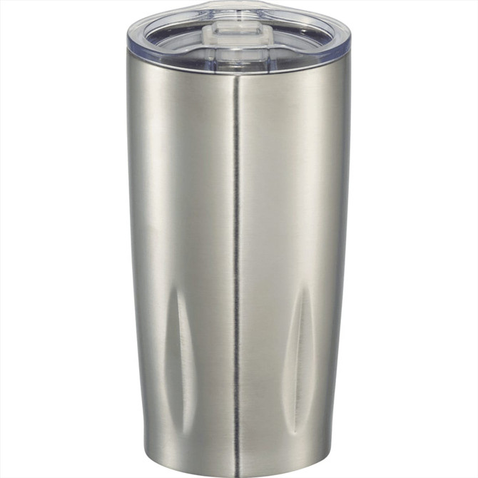 A drink bottle with a stainless steel finish and clear lid, featuring a sleek design and logo. 
